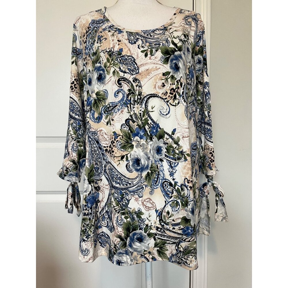 Vtg Inner Beauty Womens Floral Paisley Print Top Tie Sleeves Size 2X Boho Tunic